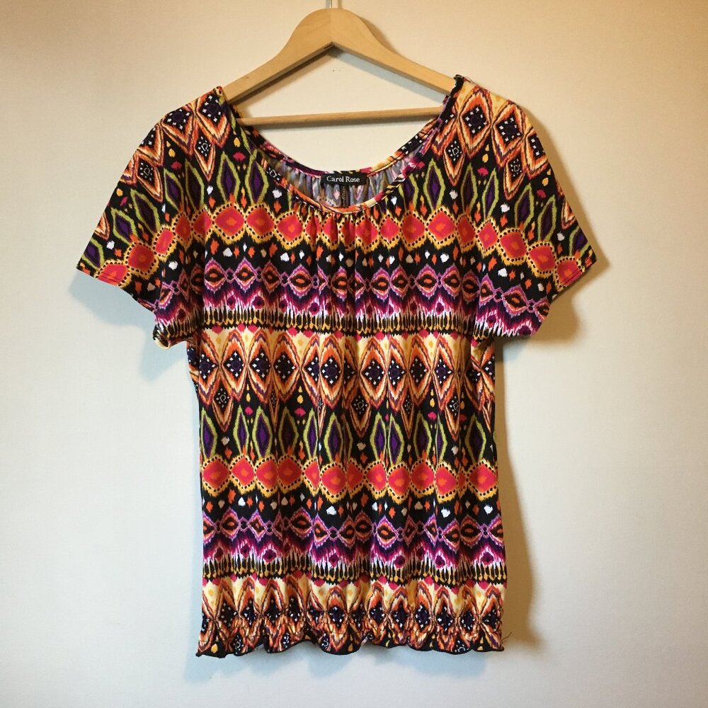 Carol Rose Tribal Fiesta Colourful Flutter Sleeve Ruffle Hem Top